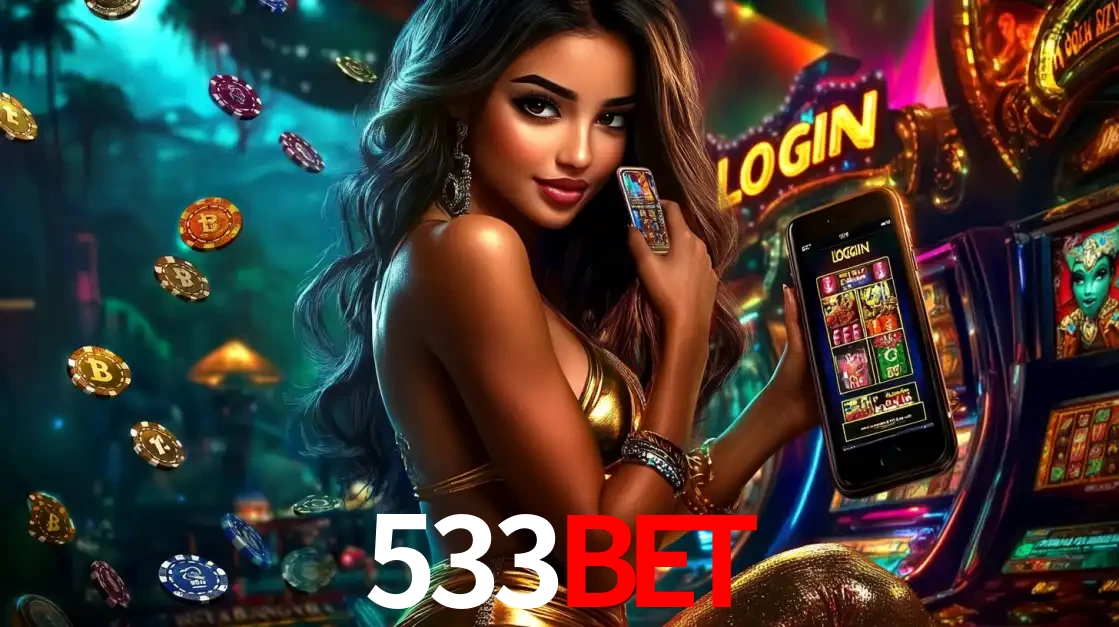 Mulher em um cenário de cassino temático de aventura, mostrando o app de caça-níqueis da 533bet no celular. Fichas de apostas flutuam ao redor.