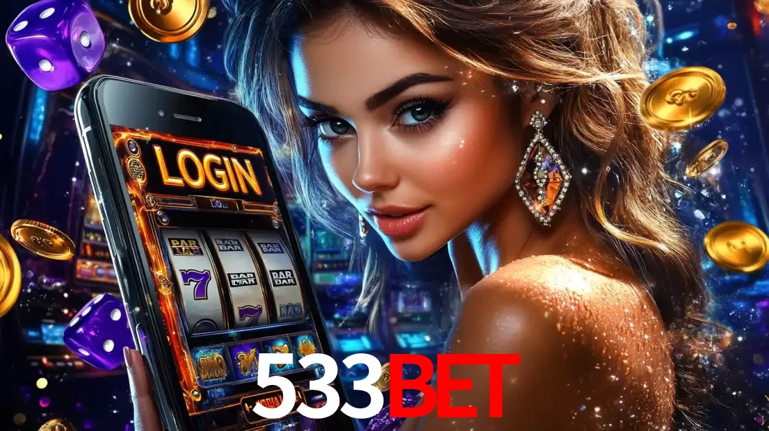 Mulher glamorosa segurando um smartphone com a tela de login para os jogos de caça-níqueis do cassino online 533bet, com moedas de ouro e dados ao redor.