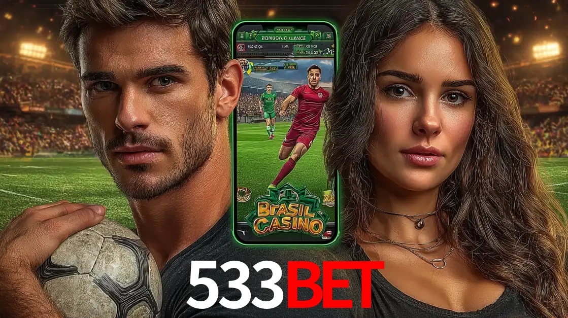 Homem segurando uma bola de futebol e uma mulher ao lado de um smartphone exibindo o jogo de apostas esportivas da 533bet. Faça seu palpite no cassino online.